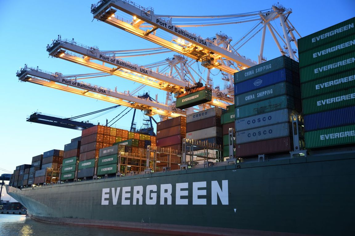 Container ship at a working port